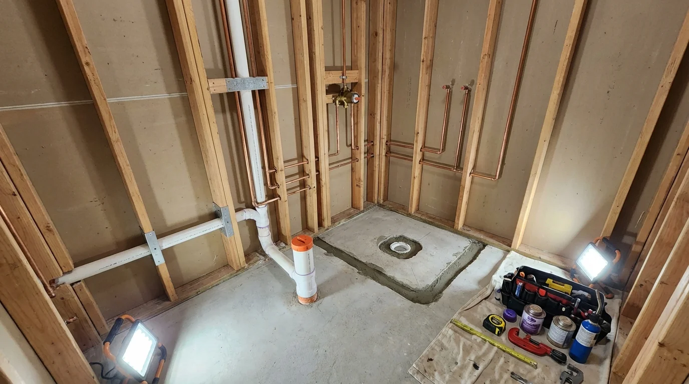 Bathroom rough-in plumbing during remodel by Johns Plumbing LLC in Cut Bank