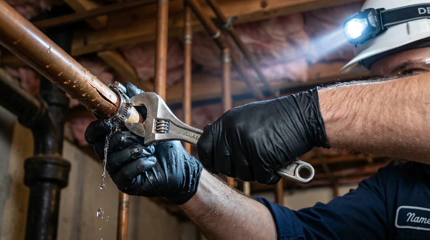 Emergency pipe clamp repair being performed by a Johns Plumbing LLC plumber in Cut Bank