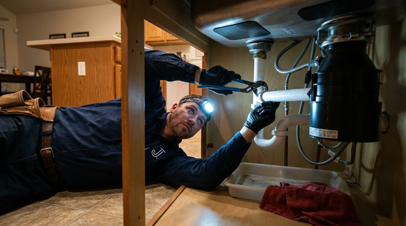 P-trap and supply line connections under a kitchen sink showing a common leak point in Cut Bank, MT